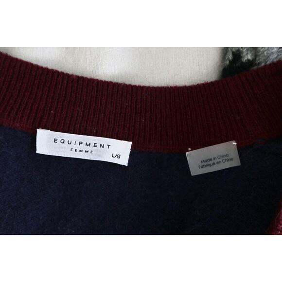 Equipment Size L Cashmere Cardigan Sweater Button Front Navy Red White Stripe - Picture 11 of 12